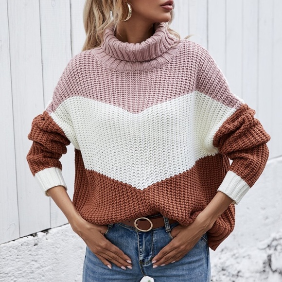 Sweaters - pink color block turtleneck knit sweater oversized